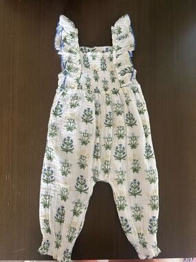 Mud Pie White Romper with Green and Blue Floral Print and Ruffle Straps
